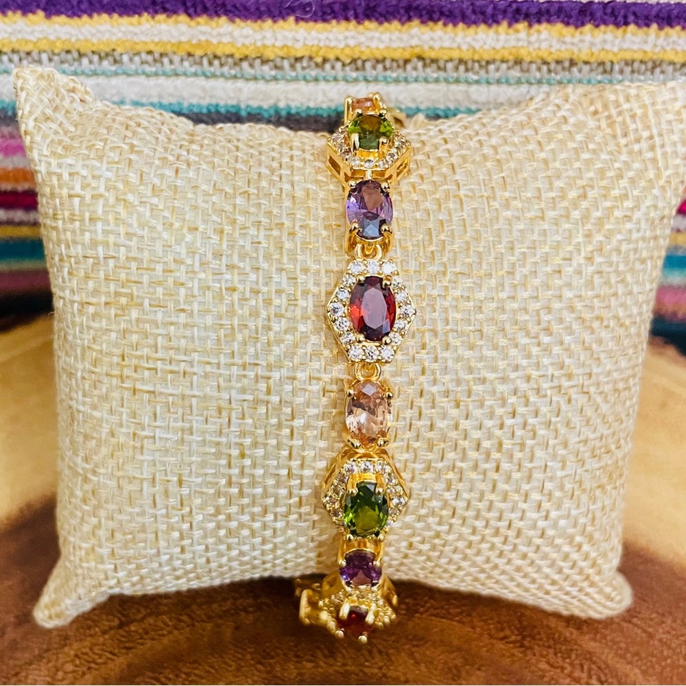 18K Gold Filled Multi-Gemstone CZ Tennis Bracelet - Picture 1 of 12